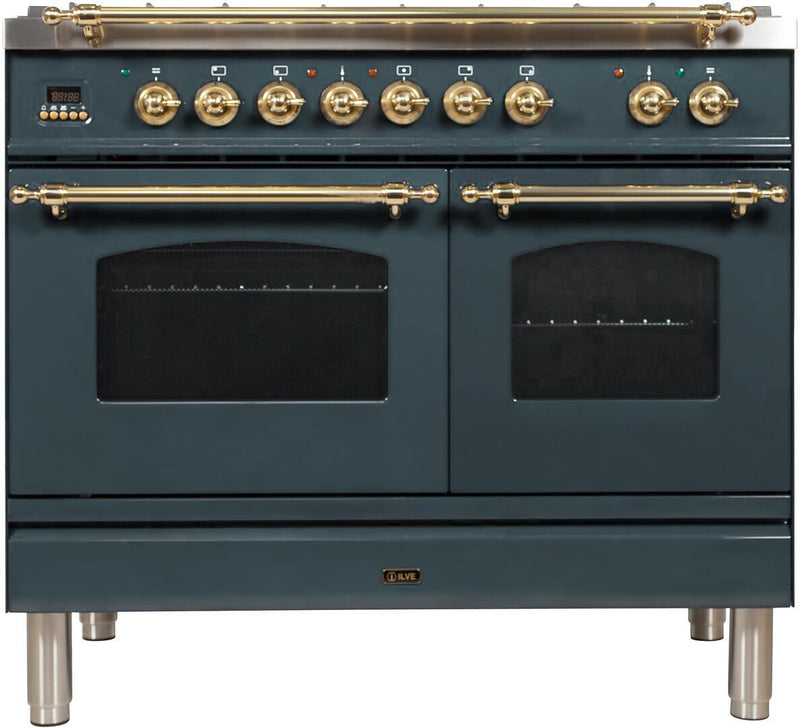 ILVE 40" Nostalgie - Dual Fuel Range with 5 Sealed Brass Burners - 3.55 cu. ft. Oven - Griddle in Blue Grey with Brass Trim (UPDN100FDMPGU)