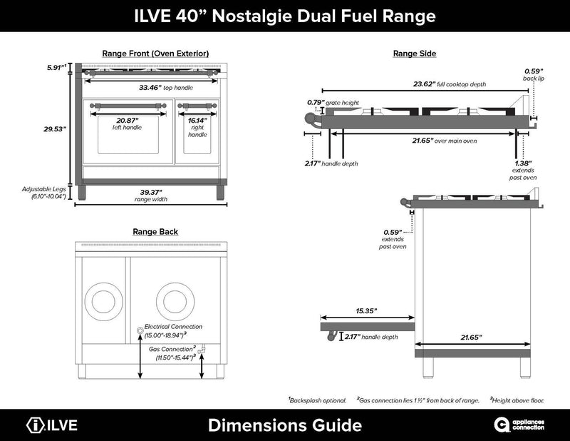 ILVE 40" Nostalgie - Dual Fuel Range with 5 Sealed Brass Burners - 3.55 cu. ft. Oven - Griddle in Blue Grey with Brass Trim (UPDN100FDMPGU)