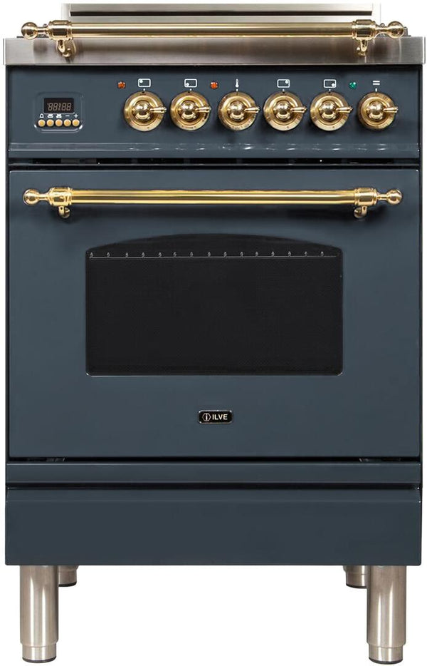 ILVE 24" Nostalgie Series Freestanding Single Oven Gas Range with 4 Sealed Burners with Brass Trim in Blue Grey (UPN60DVGGGU)