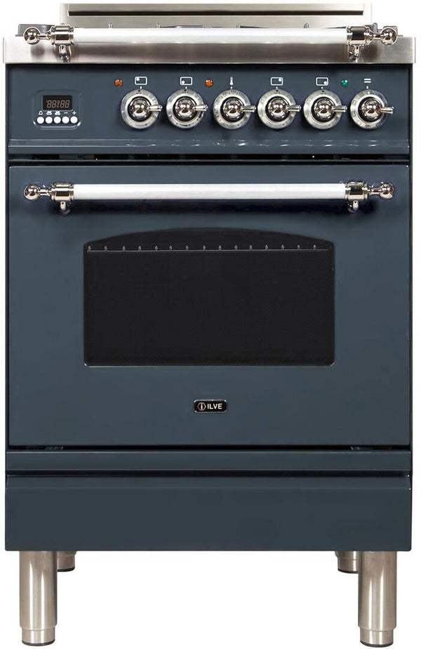 ILVE 24" Nostalgie Series Freestanding Single Oven Gas Range with 4 Sealed Burners with Chrome Trim in Blue Grey (UPN60DVGGGUX)