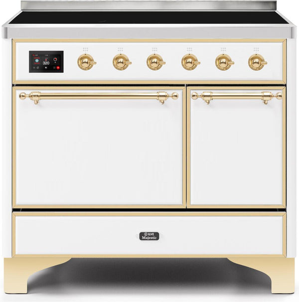 ILVE 40" Majestic II induction Range with 6 Elements - Dual Oven - TFT Control Display in White with Brass Trim (UMDI10QNS3WHG)
