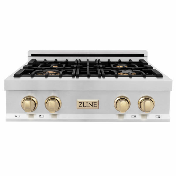 ZLINE 30" Autograph Edition Porcelain Rangetop with 4 Gas Burners in Stainless Steel and Gold Accents Finish (RTZ-30-G)