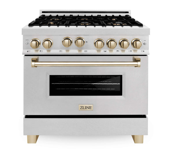 ZLINE Autograph Edition 36" Range with Gas Stove and Gas Oven in DuraSnow® Stainless Steel with Gold Accents (RGSZ-SN-36-G)