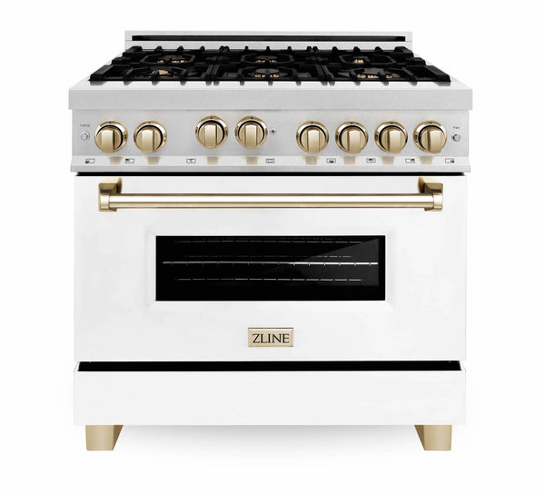 ZLINE Autograph Edition 36" Range with Gas Stove and Gas Oven in DuraSnow® Stainless Steel with White Matte Door and Gold Accents (RGSZ-WM-36-G)