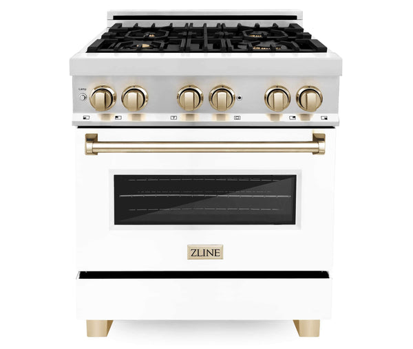 ZLINE Autograph Edition 30" Dual Fuel Range with Gas Stove and Electric Oven in Stainless Steel with Gold Accents (RAZ-WM-30-G)