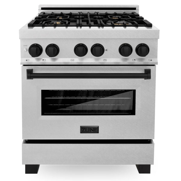 ZLINE Autograph Edition 30" 4.0 cu. ft. Dual Fuel Range with Gas Stove and Electric Oven with Matte Black Accents in DuraSnow® Stainless Steel (RASZ-SN-30-MB)