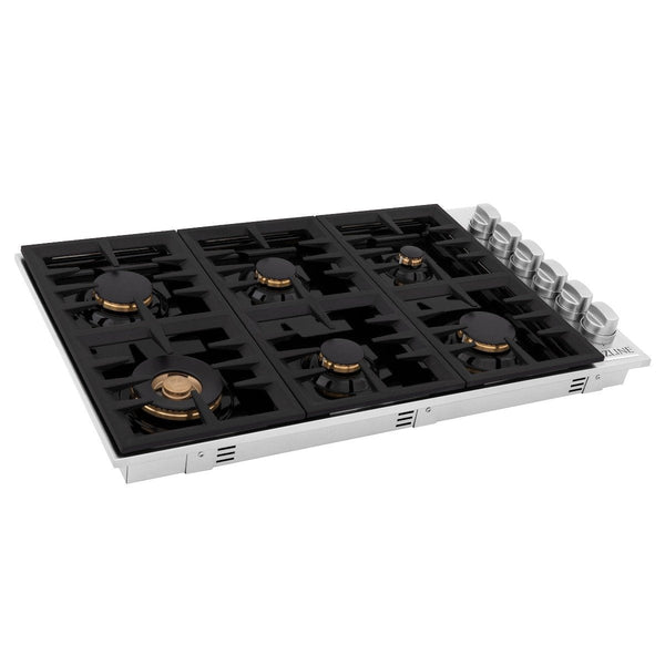 ZLINE 36 In. Dropin Cooktop With 6 Gas Burners And Black Porcelain Top with Brass Burners (RC-BR-36-PBT) - Flamefrills