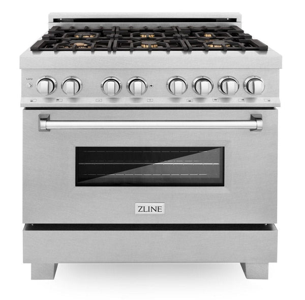 ZLINE 36 In. Professional 4.6 Cu. Ft. 6 Dual Fuel Range With Brass Burners In DuraSnow® Stainless Steel (RAS-SN-BR-36)