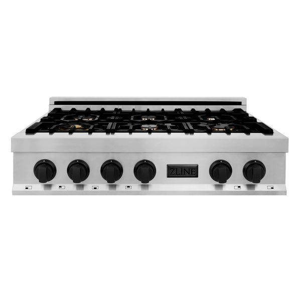ZLINE Autograph Edition 36" Porcelain Rangetop with 6 Gas Burners with Matte Black Accents in Stainless Steel (RTZ-36-MB)