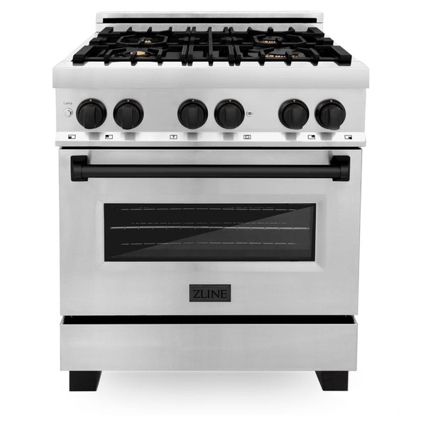 ZLINE Autograph Edition 30" 4.0 cu. ft. Dual Fuel Range with Gas Stove and Electric Oven with Matte Black Accents in Stainless Steel (RAZ-30-MB)
