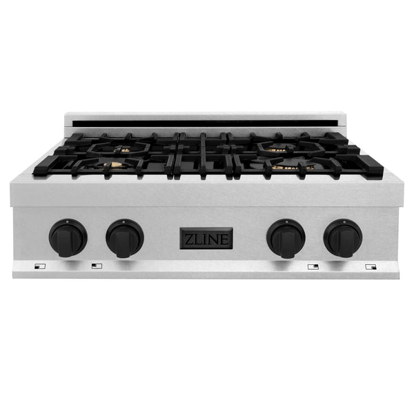 ZLINE Autograph Edition 30" Porcelain Rangetop with 4 Gas Burners with Matte Black Accents in DuraSnow Stainless Steel (RTSZ-30-MB)