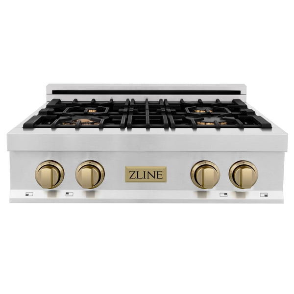 ZLINE 30" Autograph Edition Porcelain Rangetop with 4 Gas Burners in Stainless Steel and Champagne Bronze Accents Finish (RTZ-30-CB)