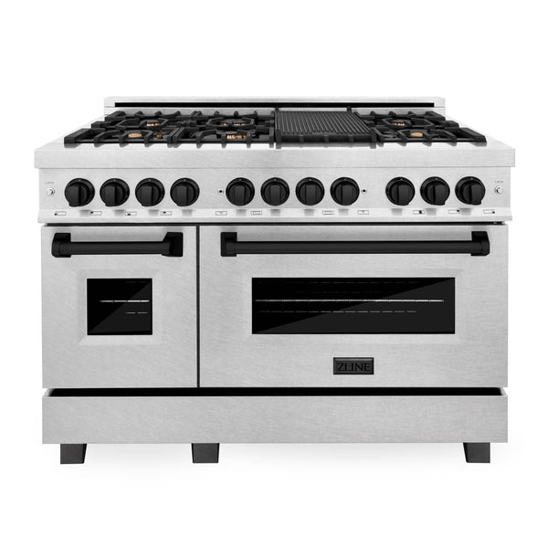 ZLINE Autograph Edition 48" 6.0 Cu. Ft. Dual Fuel Range With Gas Stove - Electric Oven With Black Matte Accents In DuraSnow Stainless Steel (RASZ-SN-48-MB)