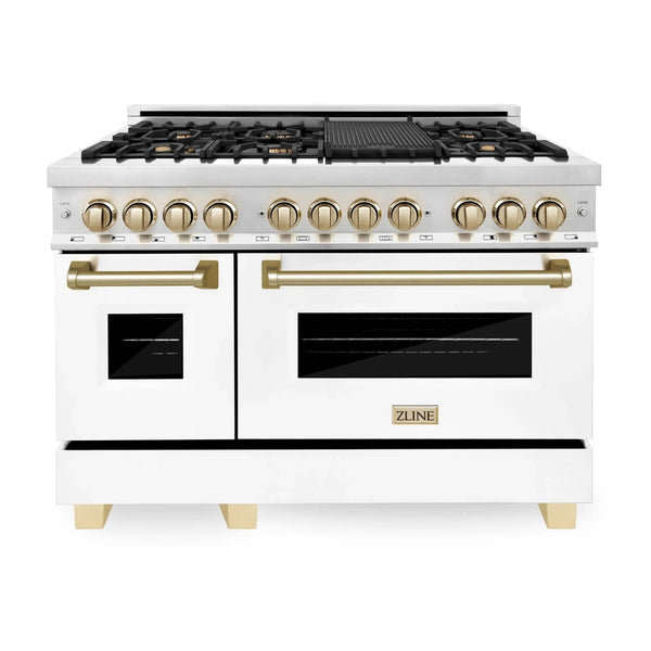 ZLINE Autograph Edition 48" 6.0 Cu. Ft. Dual Fuel Range With Gas Stove - Electric Oven in Stainless Steel with Gold Accents (RAZ-WM-48-G)